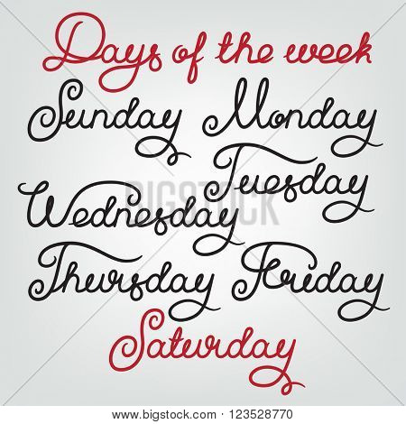 Handwritten days of the week: Sunday, Monday, Tuesday, Wednesday, Thursday, Friday, Saturday. Calligraphy week words for calendars and organizers. Stock vector week lettering typography