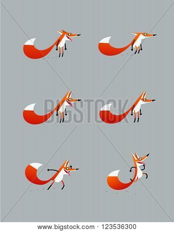 Cartoony jolly fox jumping, looking forward, staing with open and closed jaws