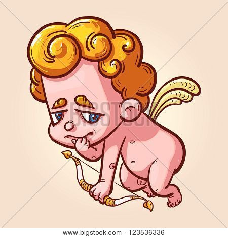 Cartoon little cupid confused with bow confused