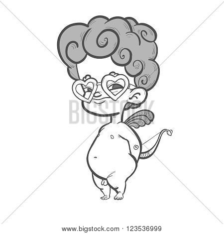 Funny cartoony cupid with bow in glasses