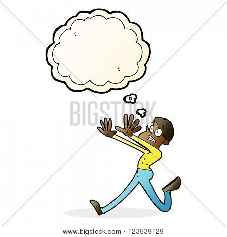 cartoon man running away with thought bubble
