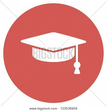 Graduation Cap vector icon. Image style is a flat light icon symbol on a round red button. Graduation Cap symbol.
