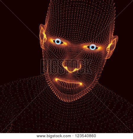 Head of the Person from a 3d Grid. Human Head Model. Face Scanning. View of Human Head. 3D Geometric Face Design. 3d Covering Skin. Geometry Man Portrait. Can be used for Avatar, Science, Technology