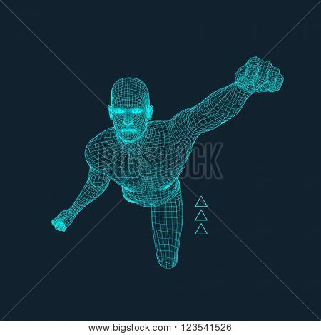 Jump Man. Polygonal Design. 3D Model of Man. Geometric Design. Business, Science and Technology Vector Illustration. 3d Polygonal Covering Skin. Human Polygon Body. Human Body Wire Model.