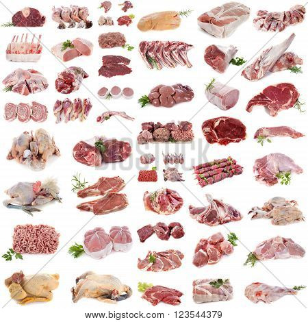 group of meat in front of white background