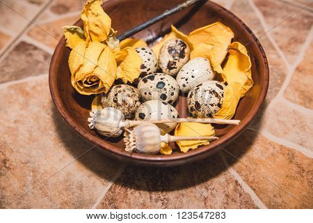 quail eggs with yellow flower are on the brown tile floor,cook on the kitchen,healthy food,Easter