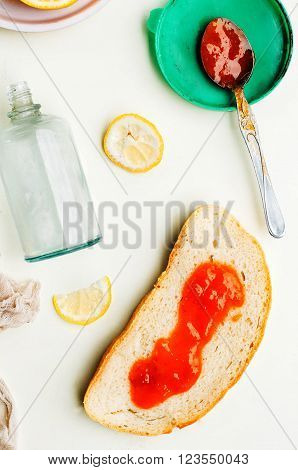 Homemade Sandwiches With Peach And Cherry Jam On A White Backgro
