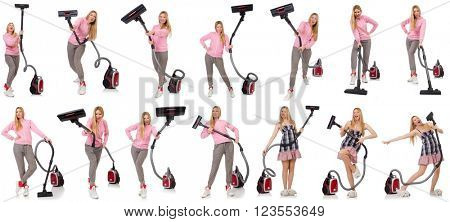 Young woman with vacuum cleaner on white