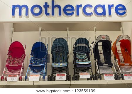BANGKOK THAILAND - JANUARY 7 2016 : Section of baby carriages Mothercare in supermarket Siam Paragon. Siam Paragon is a one of the biggest shopping centres in Asia.