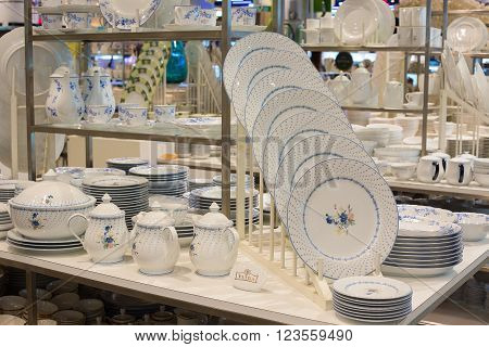 BANGKOK THAILAND - JANUARY 7 2016 : Section of ceramic tableware Patra in supermarket Siam Paragon. Siam Paragon is a one of the biggest shopping centres in Asia.