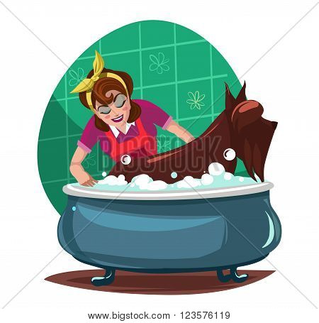 Cartoon young woman washing dog. Vector illustration