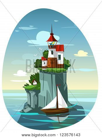 Cartoon lighthouse in the sea. Vector illustration
