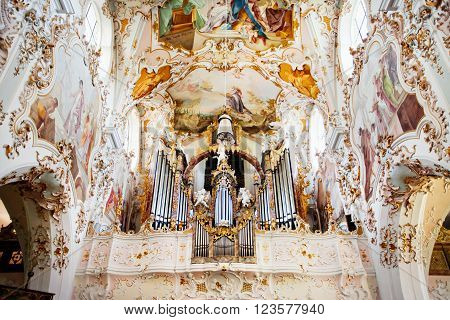 ROTTENBUCH GERMANY - JUNE 18: Interior of the Rottenbuch Abbey church (Kloster Rottenbuch) in romanesque style on june 18 2013 in Rottenbuch Germany.
