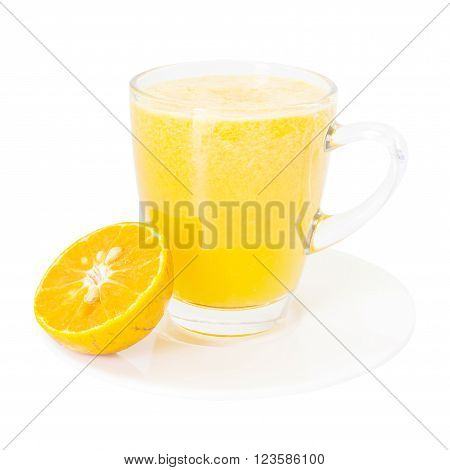 Fresh Orange Juice Smoothie Dirnk In Glass On White Plate