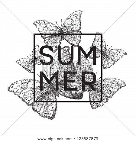 Butterflies. Summer. Stipple illustration with space for text. Vector illustration EPS10