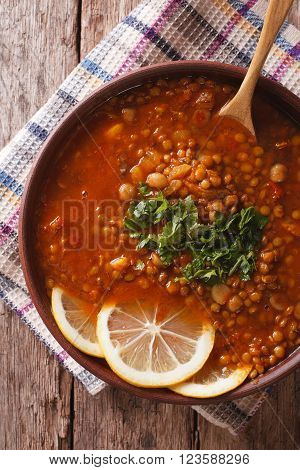 Arabic Cuisine: Harira Soup In A Bowl Close-up. Vertical Top View
