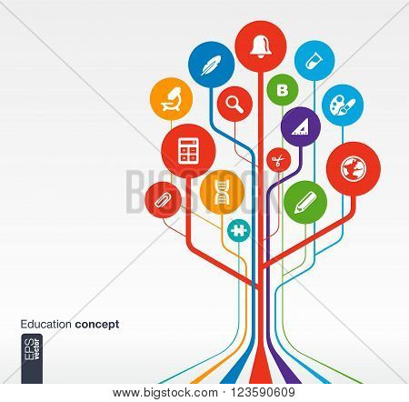 Abstract education background with lines, circles and icons. Growth tree concept with bell, school, science, calc, geography, biology, pencil and microscope icon. Vector illustration.
