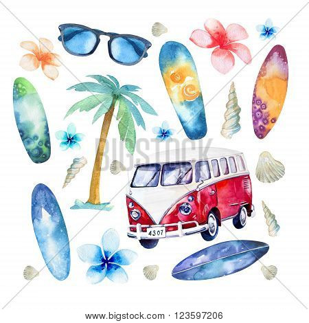 Hand drawn watercolor ocean surfing set. Beach holiday tropical travel adventure. Island with palm retro car wagon bus surfboard sunglasse shell and flower hibiscus. Watercolour sea sport activity.