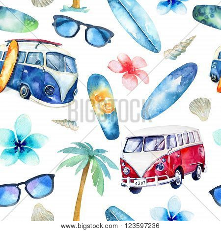 Hand drawn watercolor ocean surfing set. Beach holiday tropical travel adventure. Island with palm retro car wagon bus surfboard sunglasse shell and flower hibiscus. Watercolour sea sport activity.