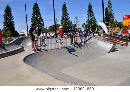 FREMANTLE,WA,AUSTRALIA-OCTOBER 1,2015: Scootering clinic with youth at the Esplanade Youth Plaza in Fremantle, Western Australia.