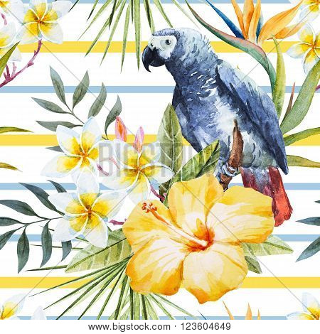 Beautiful pattern with nice tropical watercolor watercolor flowers and parrot