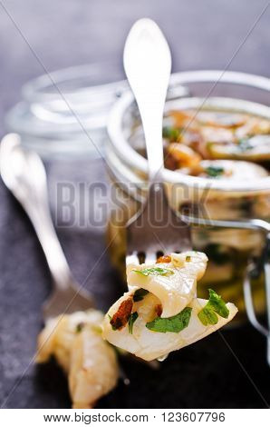 Appetizer of squid in a spicy marinade. Selective focus.
** Note: Shallow depth of field