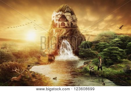 Fairy Palace with a waterfall against the evening sunset