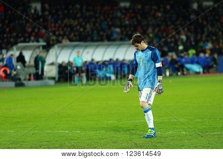 Iker Casillas, The Goalkeeper Of Spain During A Match