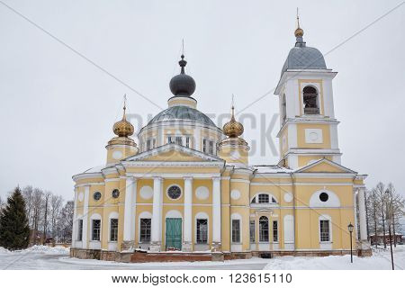 Myshkin, Russia - March 6, 2016: Cathedral of the Dormition in winter. Myshkin town is a popular touristic landmark.