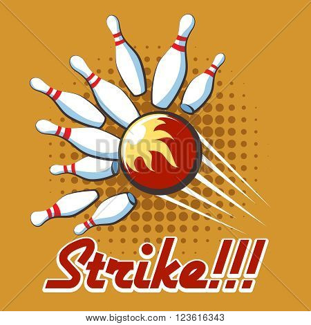 Bowling strike retro poster. Pop art bowling strike label, Vector illustration