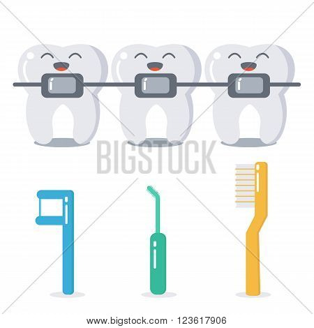 Vector cartoon teeth with braces and hygiene products for braces care. Cute flat illustration. Dental care concept.
