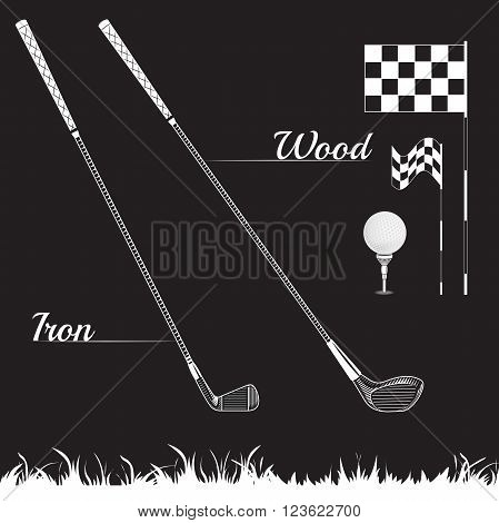 Vector Set Golf Equipment Icons on black background. Golf collection include: grass bush flag holeball tee stick club. Black and white color icons for golf
