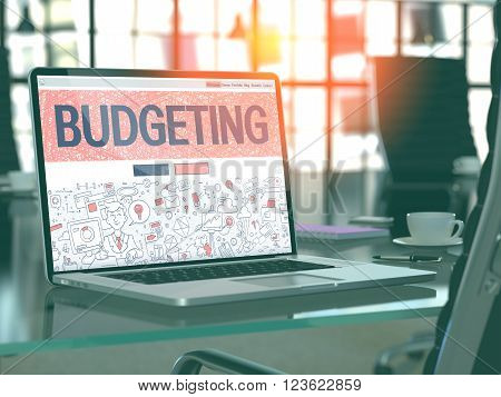 Budgeting Concept - Closeup on Landing Page of Laptop Screen in Modern Office Workplace. Toned Image with Selective Focus. 3D Render.