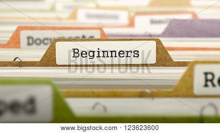 Beginners on Business Folder in Multicolor Card Index. Closeup View. Blurred Image. 3D Render.