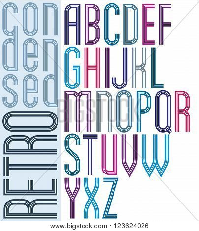 Poster retro striped font bright condensed geometric uppercase letters on white background.