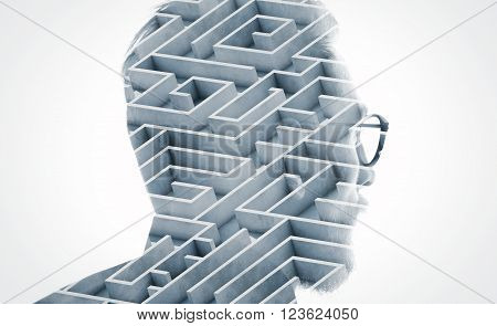 Photo of stylish bearded lawyer wearing glasses and looking city. Double exposure, labyrinth background. Isolated white.