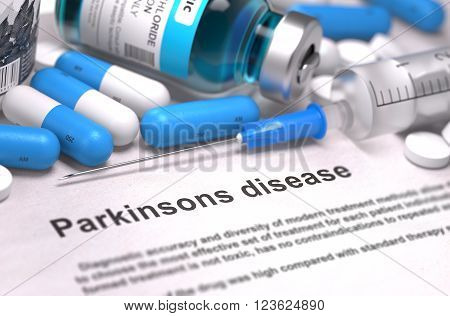 Diagnosis - Parkinsons Disease. Medical Report with Composition of Medicaments - Blue Pills, Injections and Syringe. Blurred Background with Selective Focus. 3D Render.