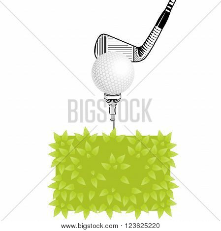 Golf club close-up. Golf tee with realistic ball on grass. Golf elements on isolated background with space for text. Vector bush golf ball tee iron club