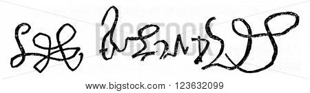 Facsimile of the signature of Henry VIII of England, crown June 24, 1509, died in 1547, vintage engraved illustration. Magasin Pittoresque 1870.