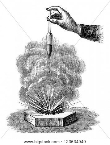 Action of sulfuric acid on barite, vintage engraved illustration. Magasin Pittoresque 1870.