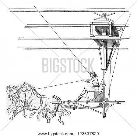 Decors opera, The Chariot Phaeton, vintage engraved illustration. Magasin Pittoresque 1867.