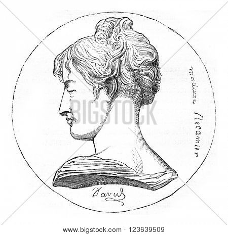 Voy, Madame Recamier on the table thirty years, Medallion by David d'Angers, vintage engraved illustration. Magasin Pittoresque 1869.