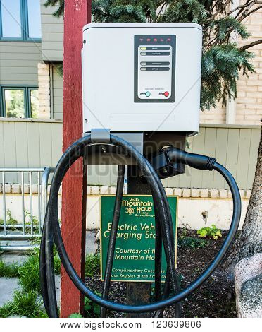 Vail, USA - September 10, 2015: A Tesla charger by a hotel in Vail, Colorado