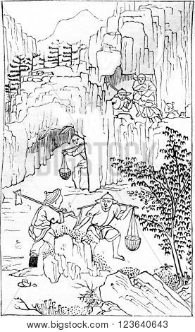 It collects white or Petun stone, vintage engraved illustration. Magasin Pittoresque 1857.