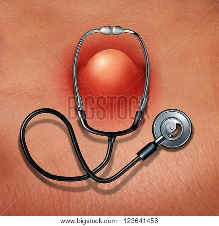 Dermatology skin medicine concept as a dermatologist doctor stethoscope wrapped arround a pimple as a medical symbol for human skincare or diagnosis of epidermis symptoms.