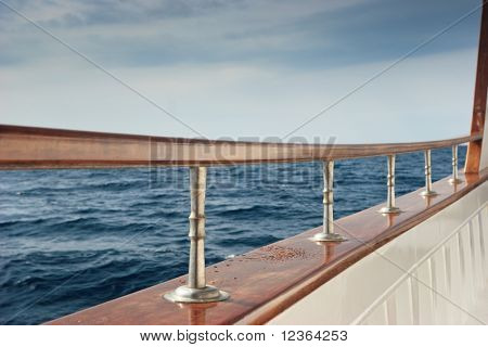 Rail of Pleasure boat sailing the Aegean sea