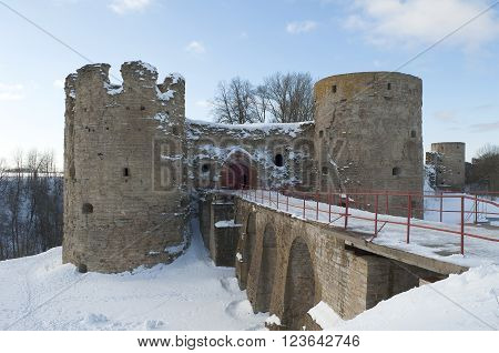 Koporye fortress in the winter twilight. Leningrad region, Russia
