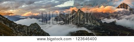 Panorama view of sunset mountains in Dolomite