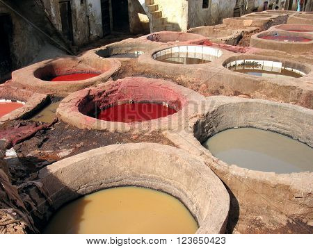 Traditional handmade leather tanning in Fez, Morocco