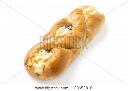 Twisted homemade pie with cottage cheese and raisins on a white background